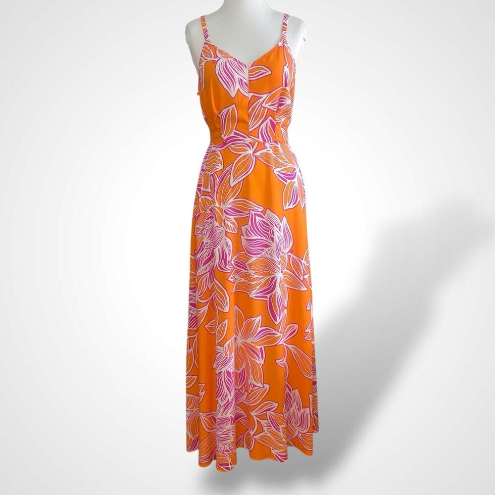 My Street Floral Long Sundress Dress Size M Orange Sleeveless Belted 100% Rayon